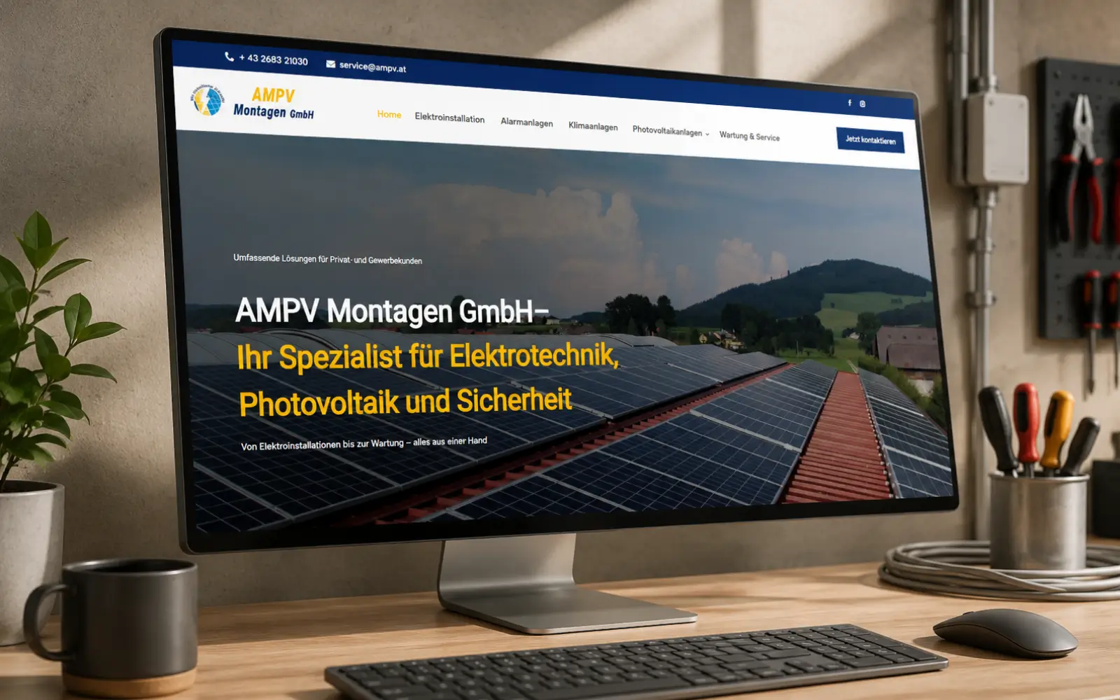 Website von AMPV Montagen auf einem Desktop-Monitor in einer Elektrotechnik-Werkstatt