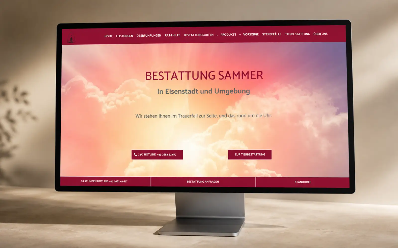 Startseite von Bestattung Sammer als Desktop-Mockup auf einem Monitor