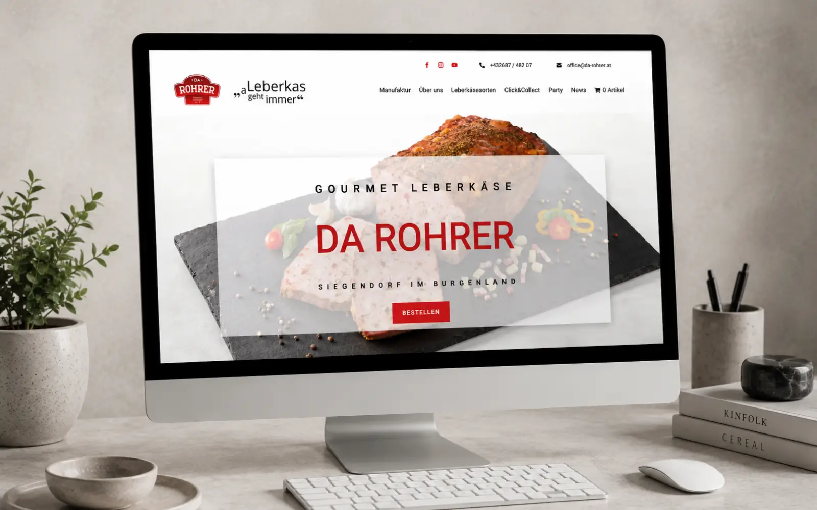 Startseite der Da ROHRER Gourmet-Leberkäse-Manufaktur auf einem Desktopbildschirm