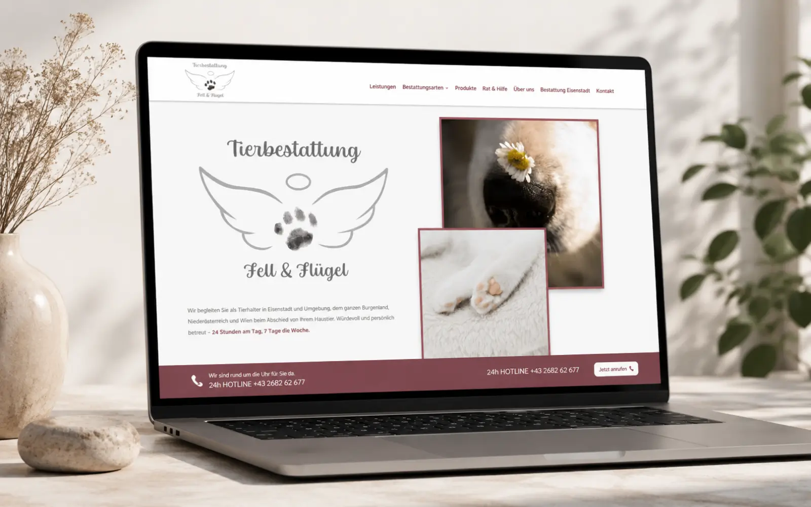 Startseite der Tierbestattung Fell & Flügel als Laptop-Mockup