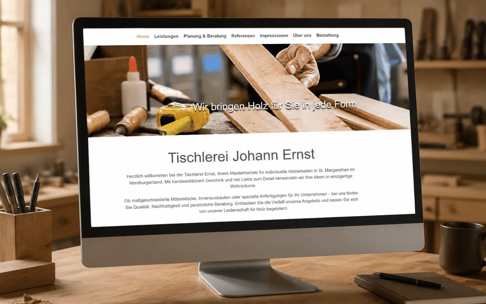 Neue Webseite der Tischlerei Johann Ernst auf einem Bildschirm in einer Werkstatt