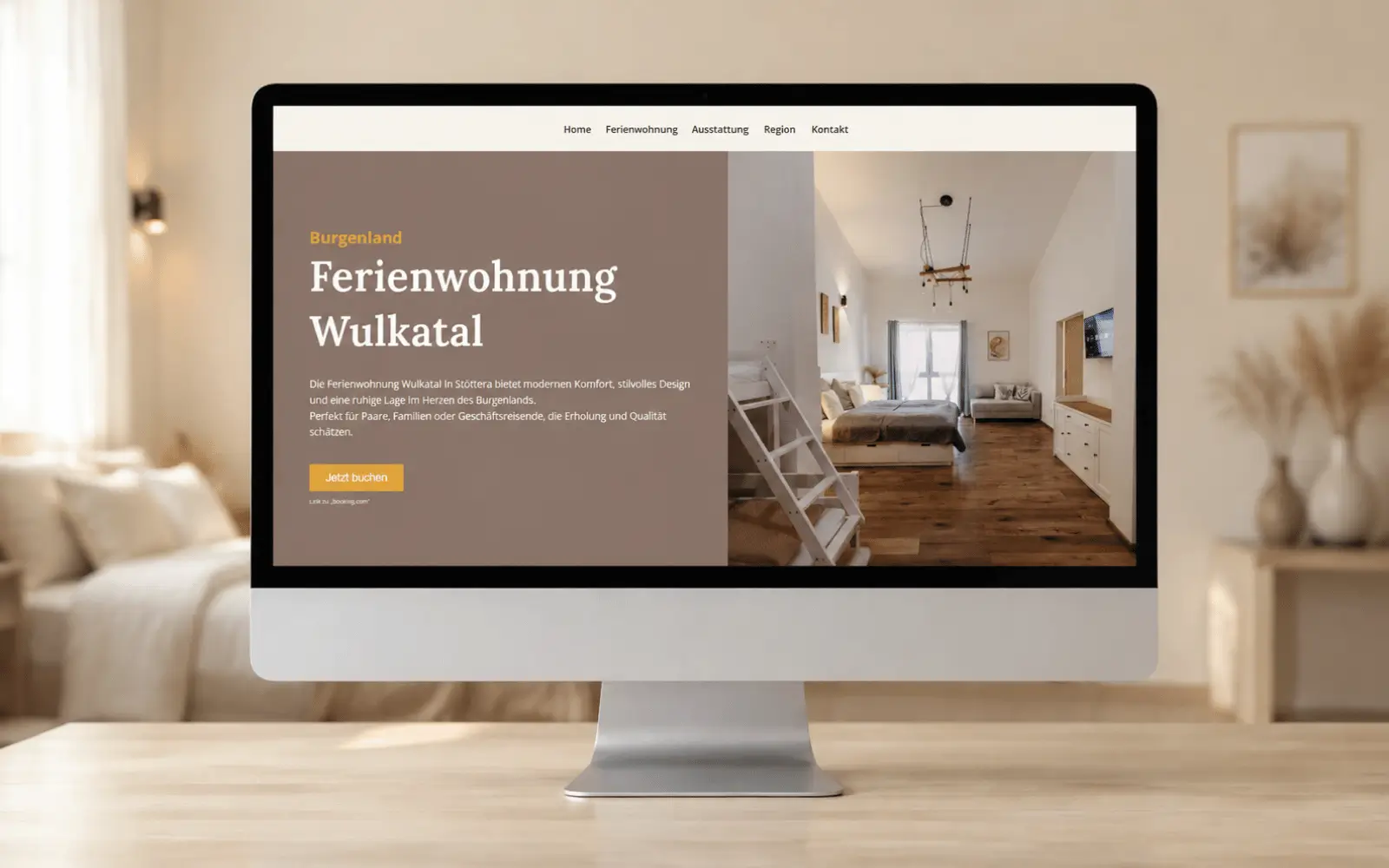 Desktop-Ansicht der Website von Ferienwohnung Wulkatal mit dem Startbereich auf einem Monitor