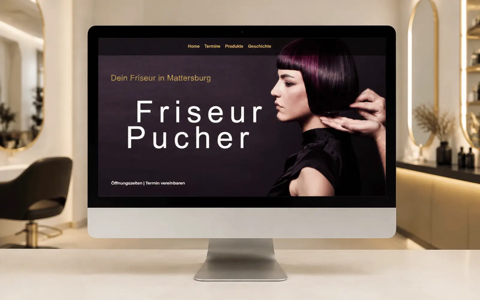 Startseite der Website von Friseur Pucher 3.0 als Desktop-Mockup in einem Friseursalon
