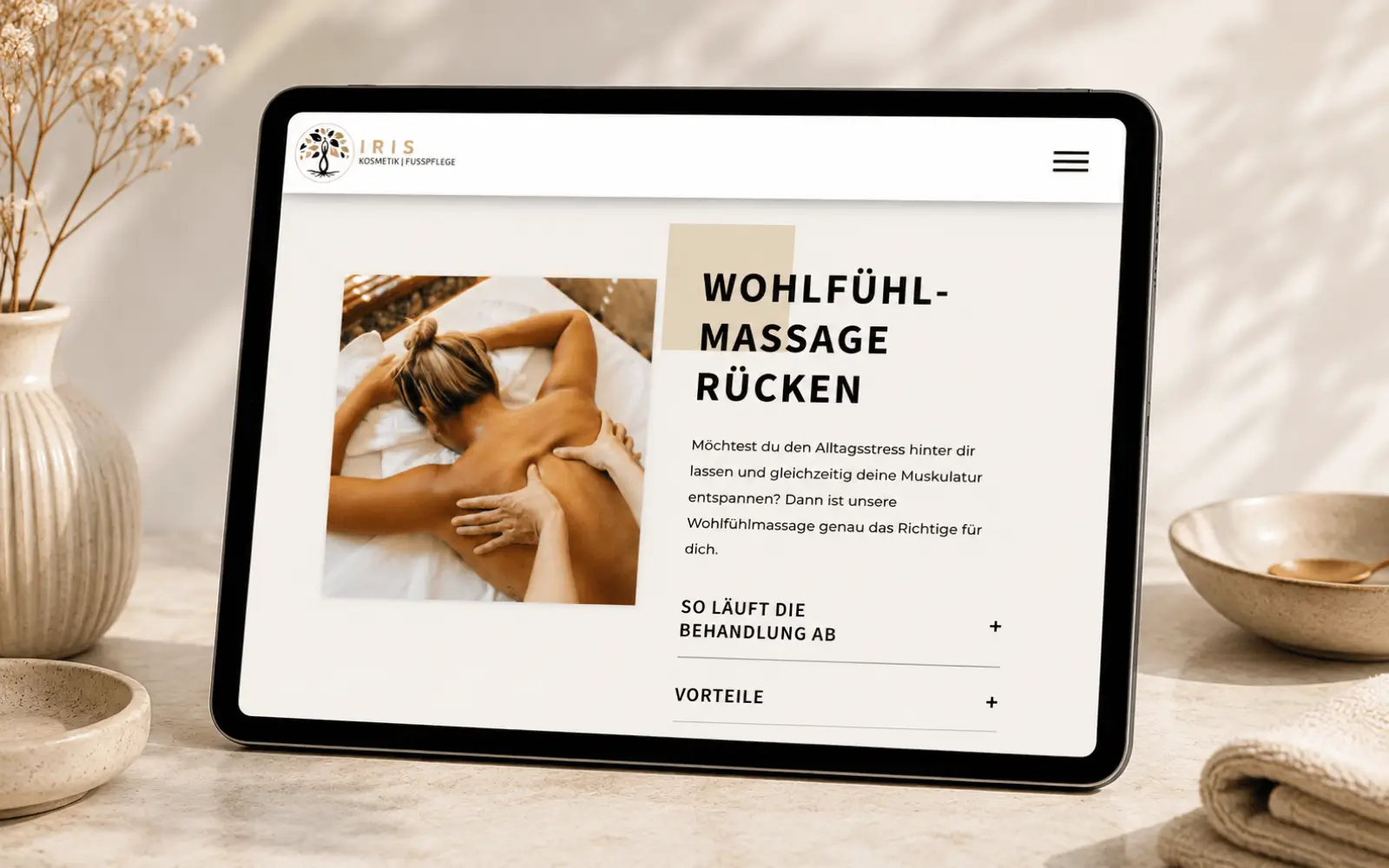 Unterseite zur Wohlfühlmassage Rücken von Iris Kosmetik auf einem Tablet