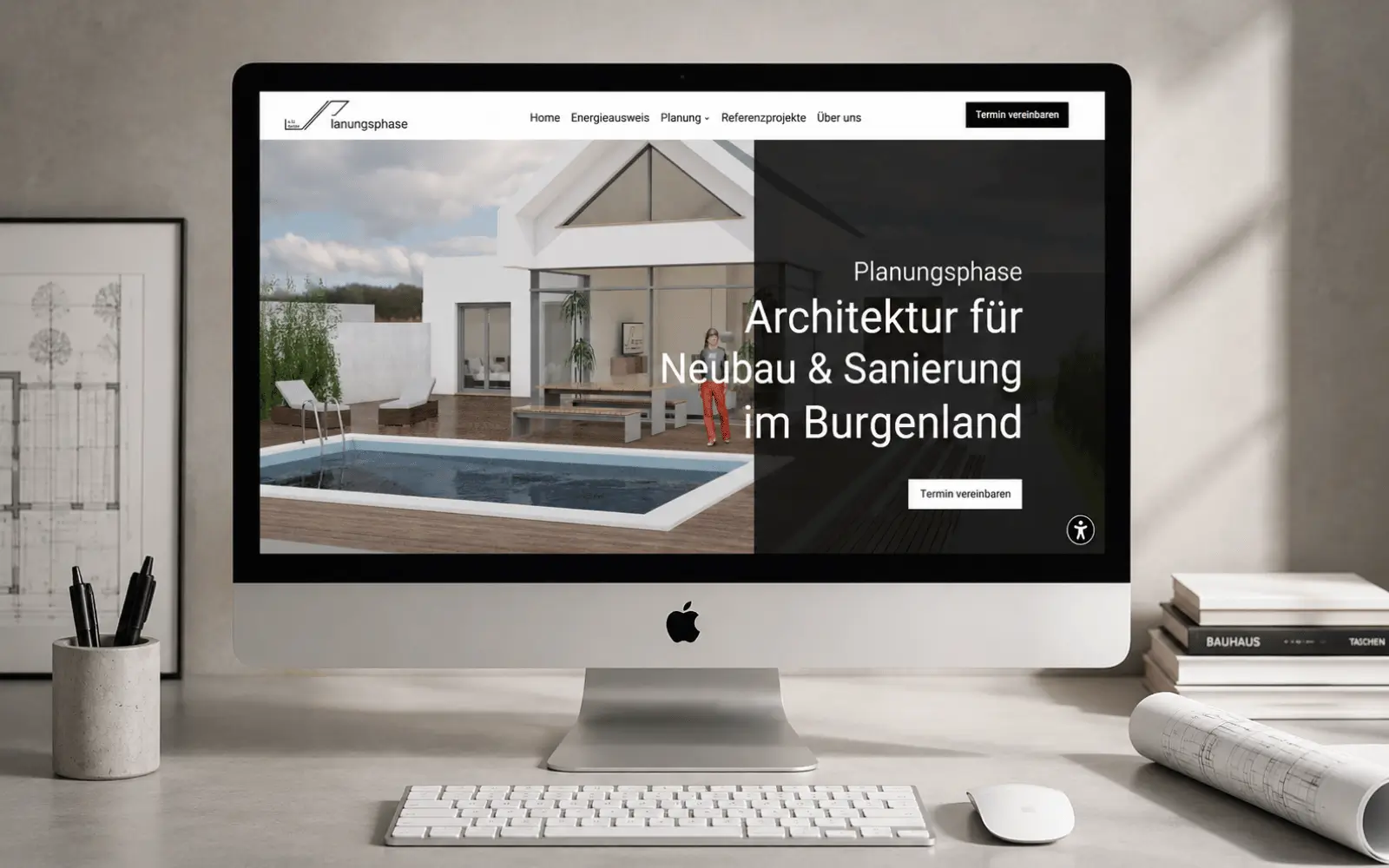 Startseite der JP Planungsphase GmbH mit dem Schwerpunkt Architektur für Neubau und Sanierung auf einem Desktop-Computer