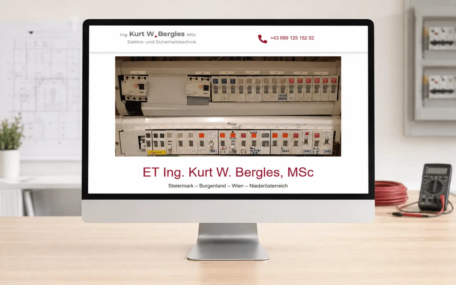Webseite von Ing. Kurt W. Bergles für Elektro- und Sicherheitstechnik als Desktop-Mockup