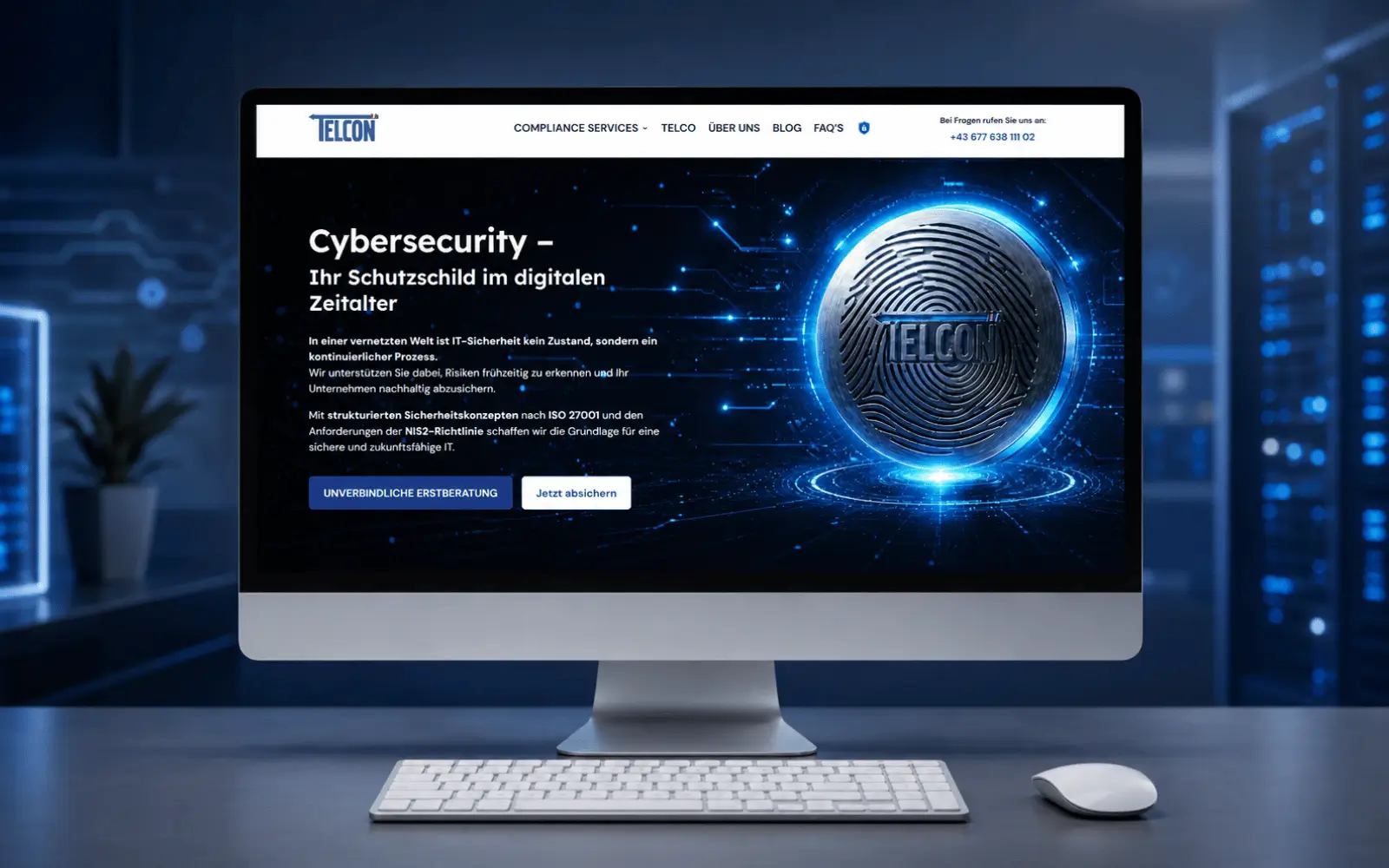 Cyber-Security-Webseite von Telcon OG als Desktop-Mockup auf einem Monitor