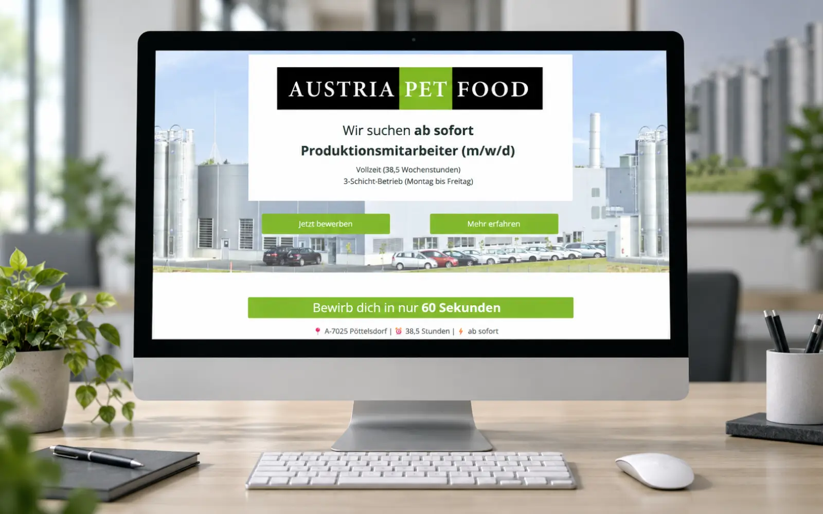 Recruiting-Landingpage von AUSTRIA PET FOOD für Produktionsmitarbeiter auf einem Desktop-Monitor