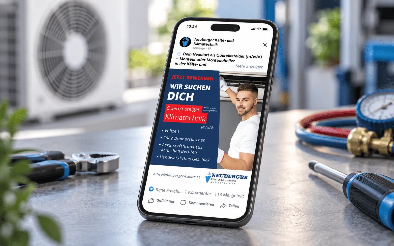 Meta-Recruitinganzeige von NEUBERGER für Quereinsteiger in der Klimatechnik auf einem Smartphone