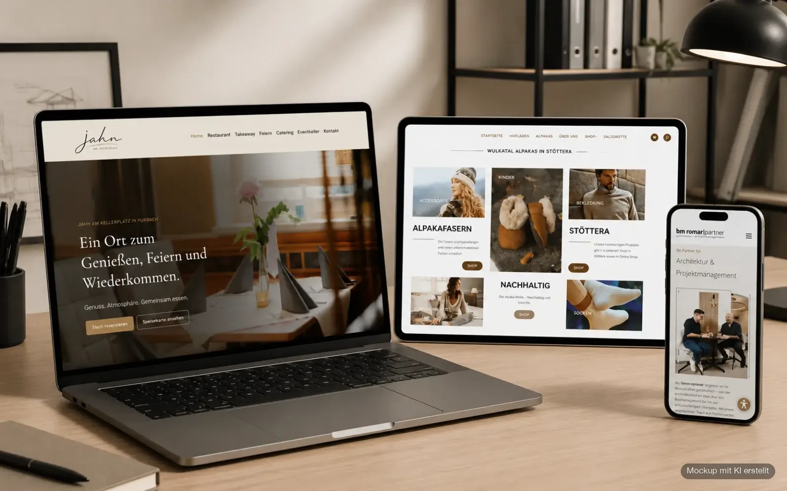 Moderner Arbeitsplatz mit Laptop, Tablet und Smartphone, die verschiedene Website-Projekte von MarketiX präsentieren.
