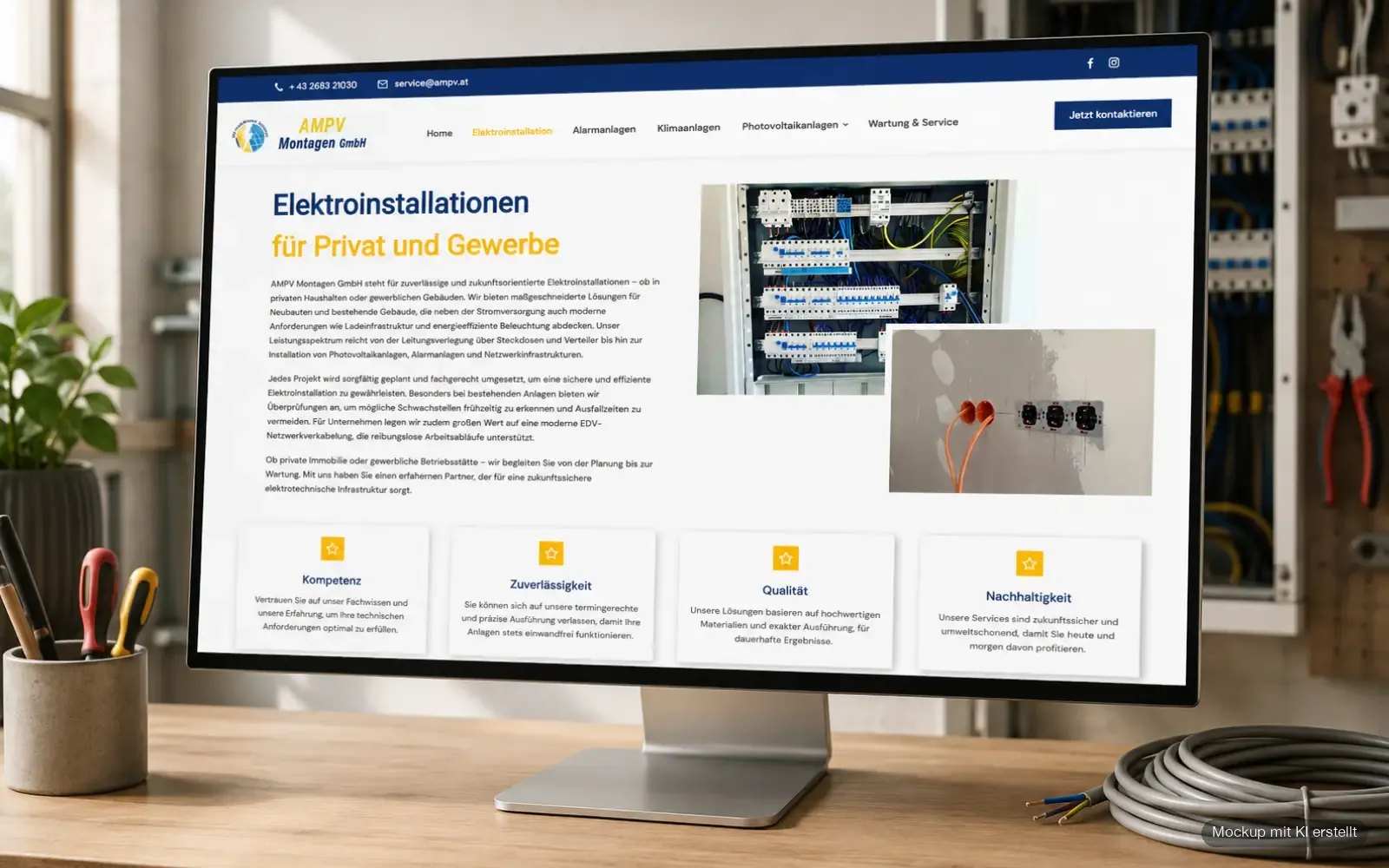 Desktop-Monitor mit der Website-Unterseite Elektroinstallationen von AMPV Montagen in einer hellen Werkstattumgebung