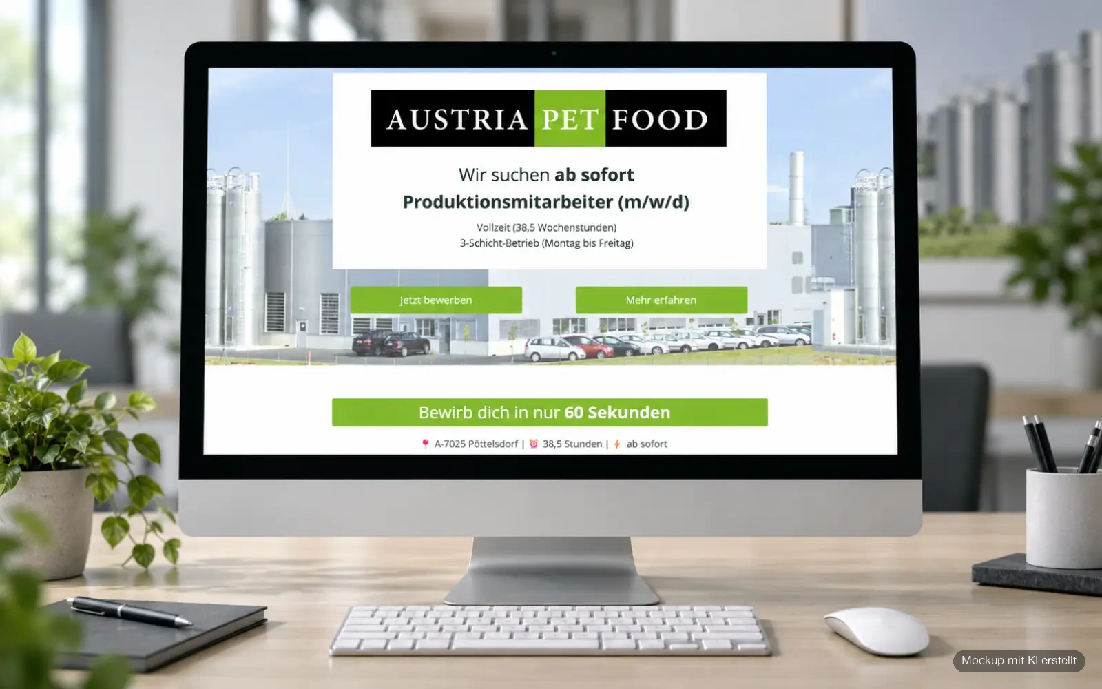 Recruiting-Landingpage von AUSTRIA PET FOOD für Produktionsmitarbeiter auf einem Desktop-Monitor