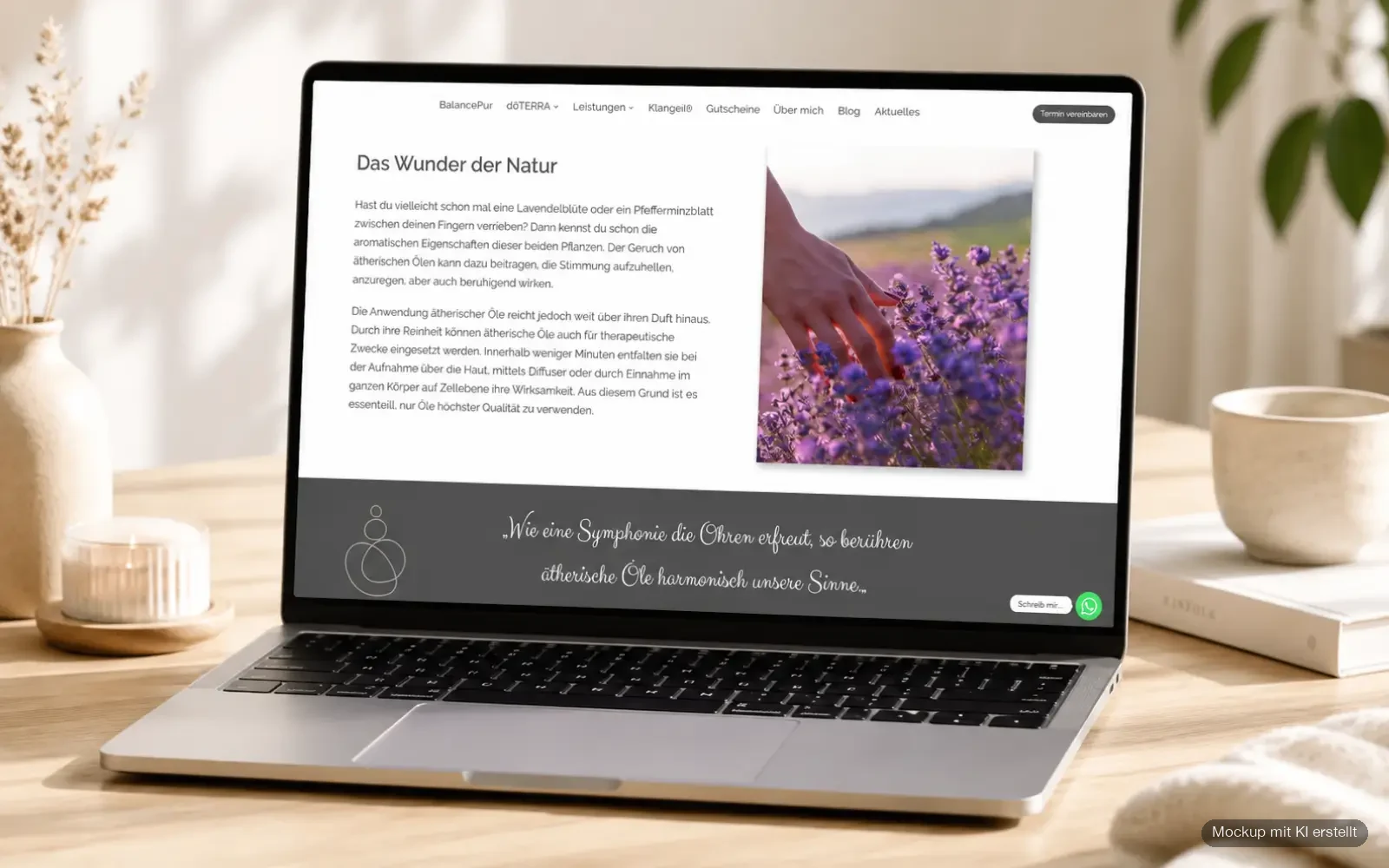 BalancePur-Unterseite über ätherische Öle als Laptop-Mockup