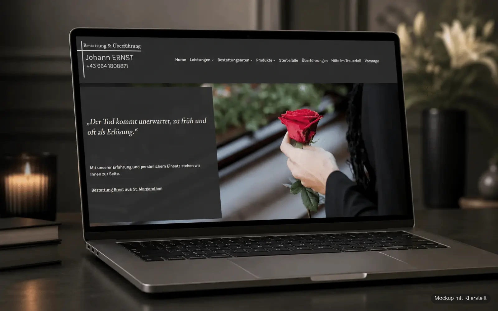 Laptop mit der Startseite von Bestattung Johann Ernst in einer ruhigen, dunklen Umgebung