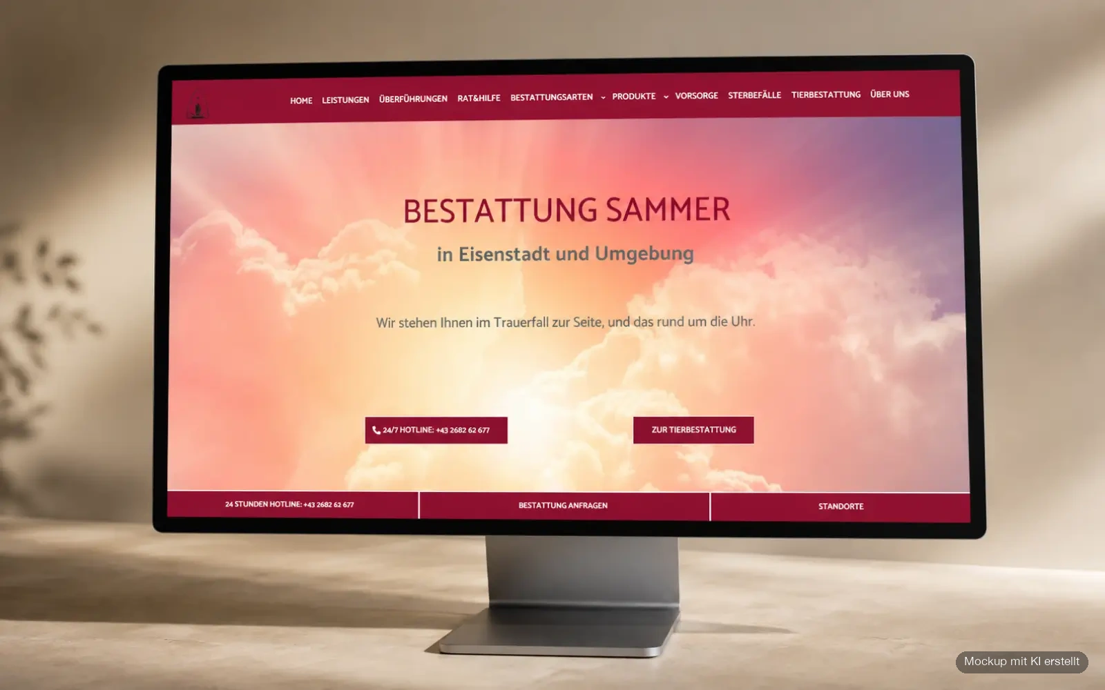 Startseite von Bestattung Sammer als Desktop-Mockup auf einem Monitor