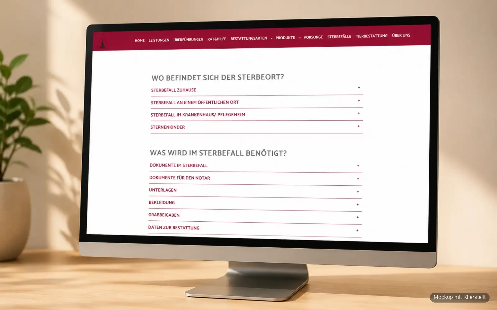 Rat-und-Hilfe-Bereich von Bestattung Sammer als Desktop-Mockup auf einem Monitor