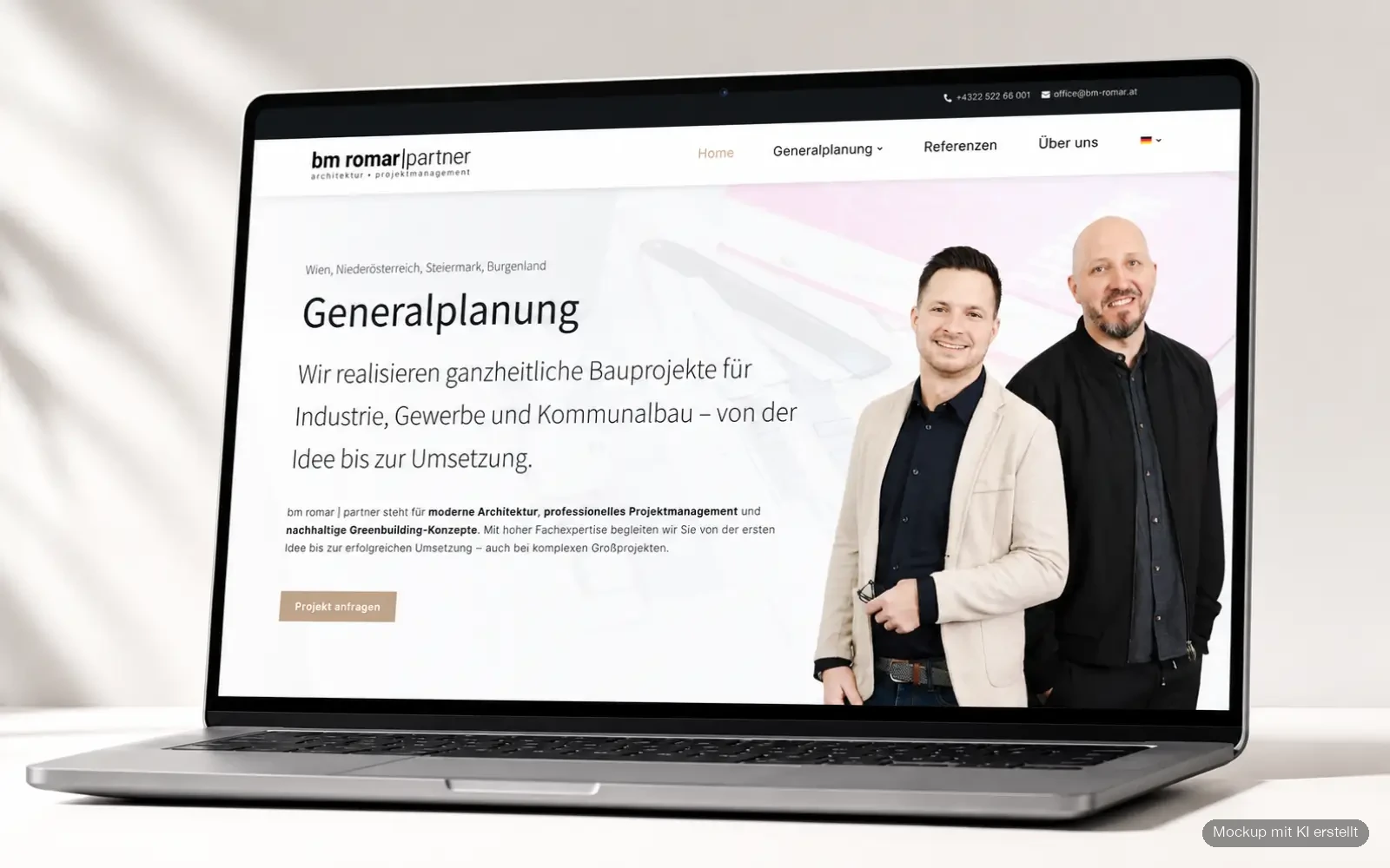 Startseite der Website von bm romar & partner mit dem Bereich Generalplanung auf einem Laptop