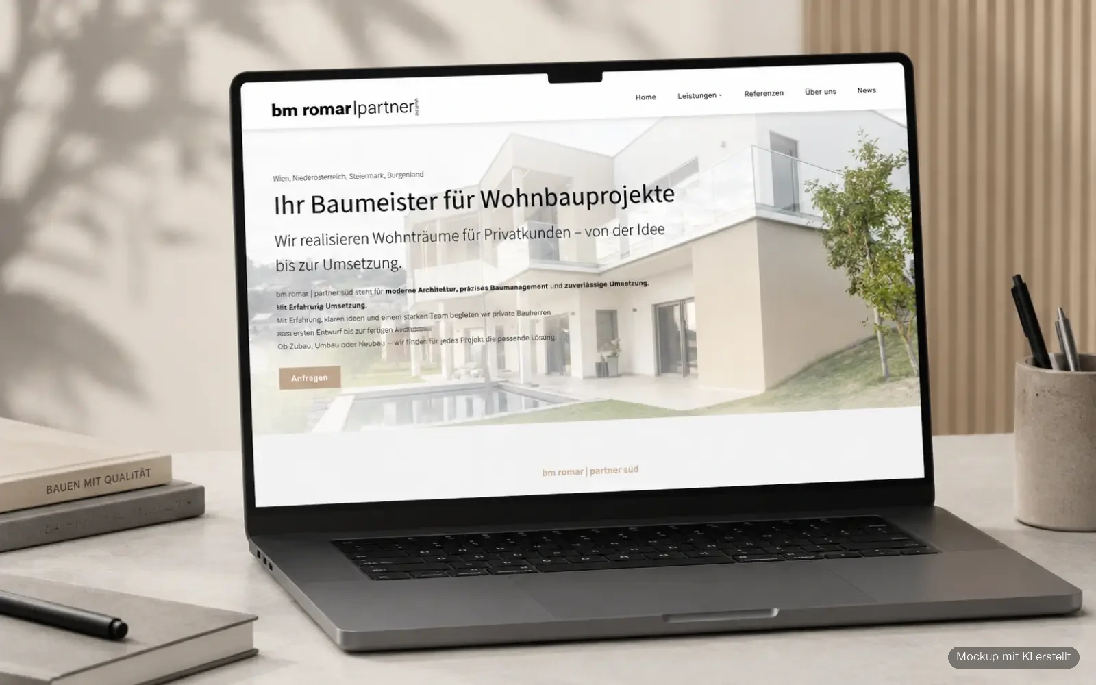 Startseite von bm romar & partner süd als Laptop-Mockup auf einem hellen Schreibtisch