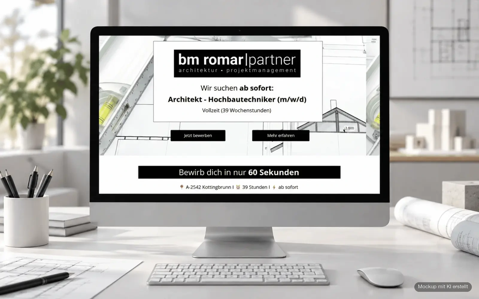 Recruiting-Landingpage von bm romar & partner für Architekt und Hochbautechniker auf einem Desktop-Monitor