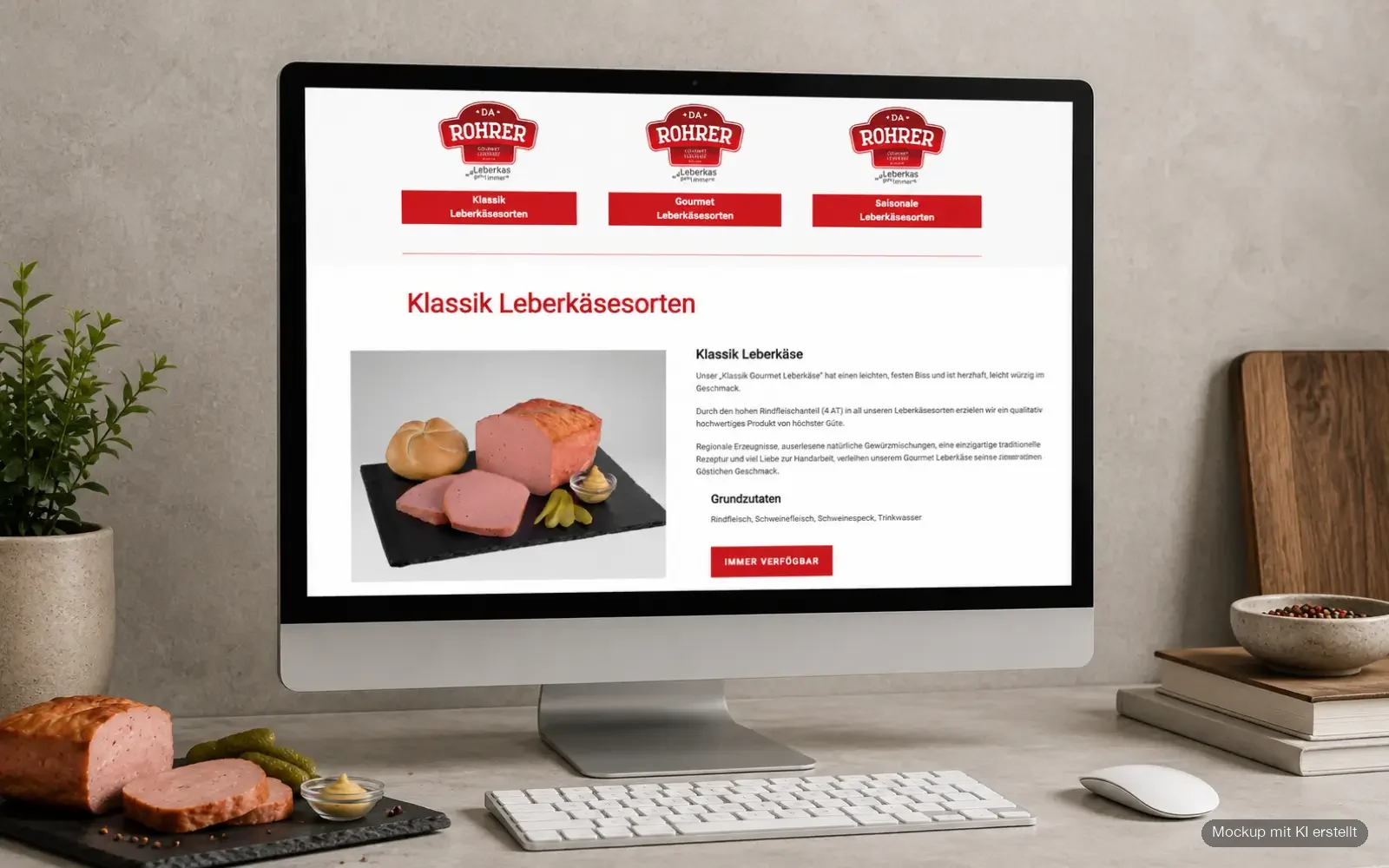 Unterseite „Klassik Leberkäsesorten“ von Da ROHRER auf einem Desktopbildschirm