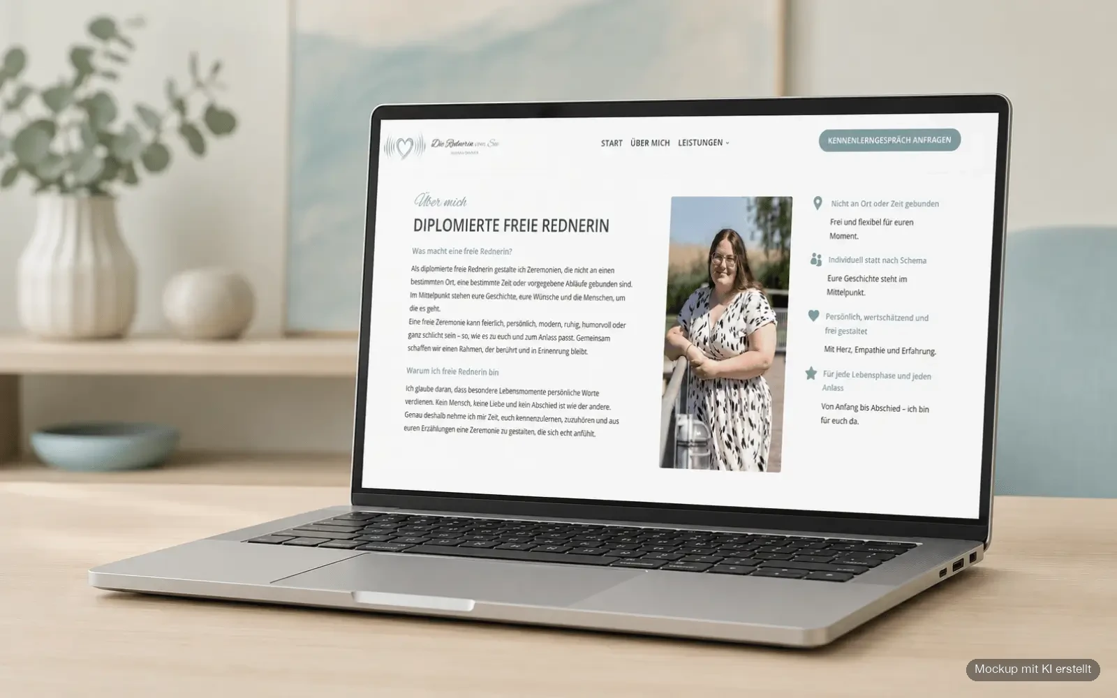 Über-mich-Bereich der Webseite von Die Rednerin vom See als Laptop-Mockup