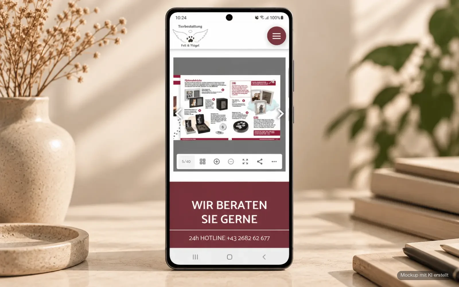Mobile Produktübersicht der Tierbestattung Fell & Flügel mit Erinnerungsstücken als Smartphone-Mockup