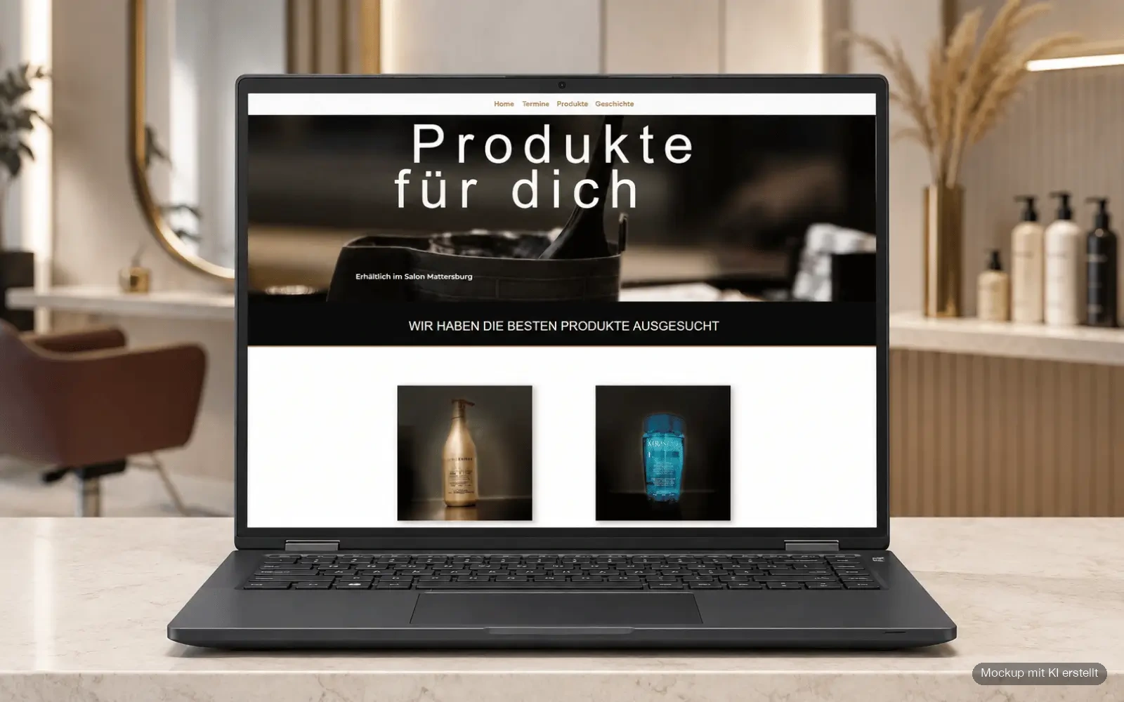 Produktseite der Website von Friseur Pucher 3.0 als Laptop-Mockup in einem Friseursalon