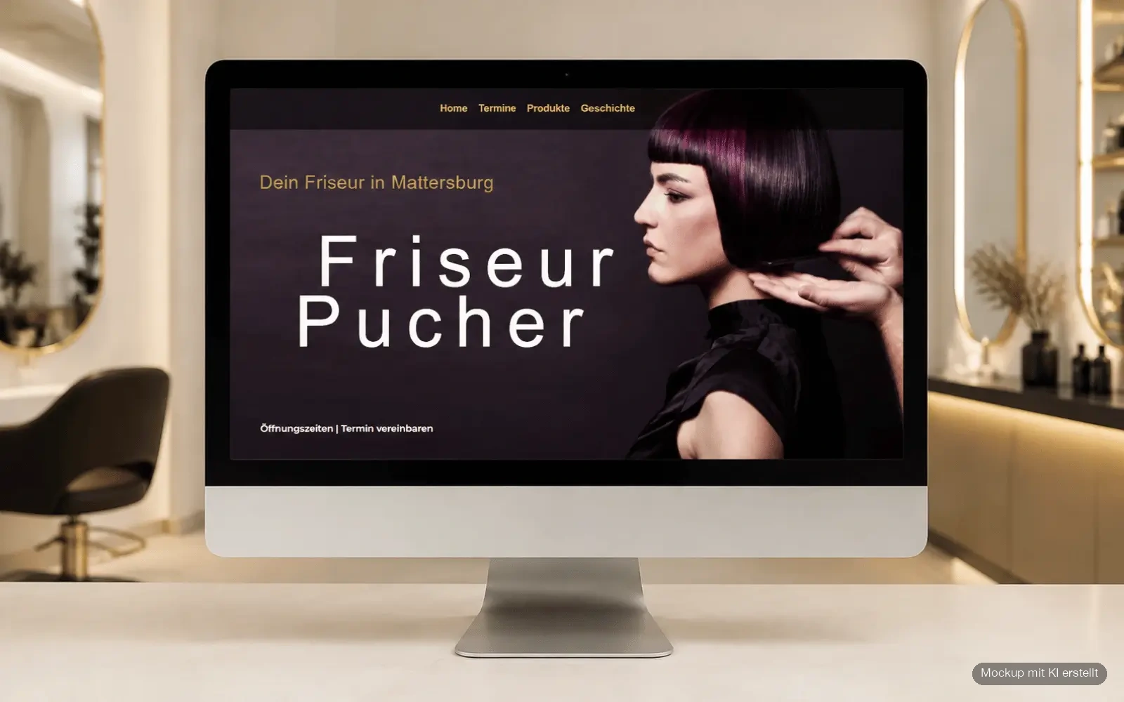 Startseite der Website von Friseur Pucher 3.0 als Desktop-Mockup in einem Friseursalon