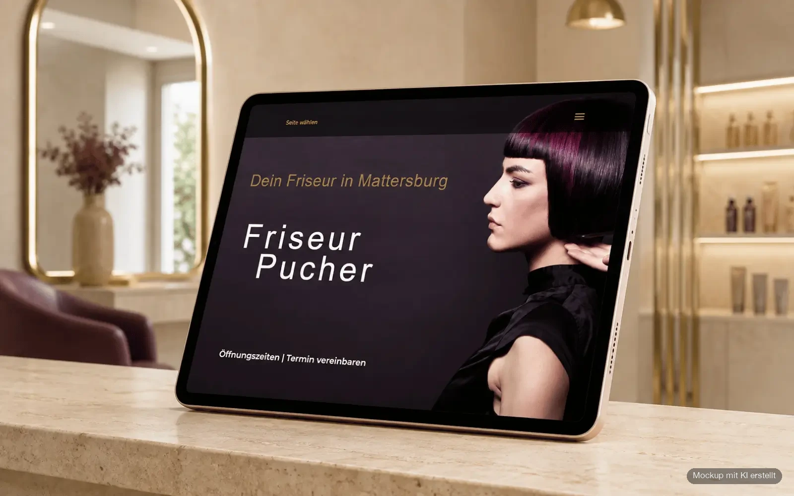 Startseite der Website von Friseur Pucher 3.0 als Tablet-Mockup in einem Friseursalon