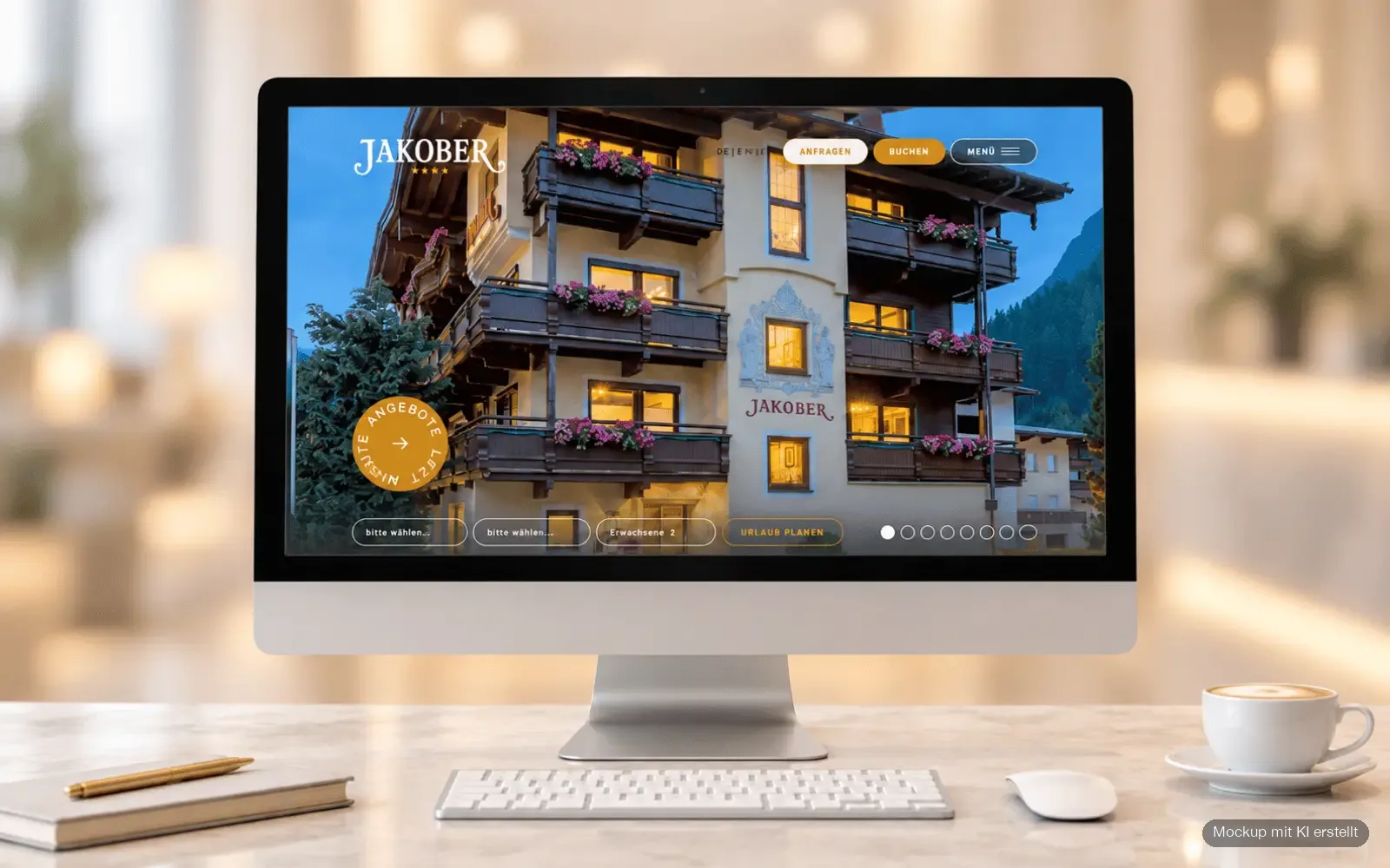 Startseite des Hotel-Garni Jakober mit Hotelansicht auf einem Desktop-Monitor