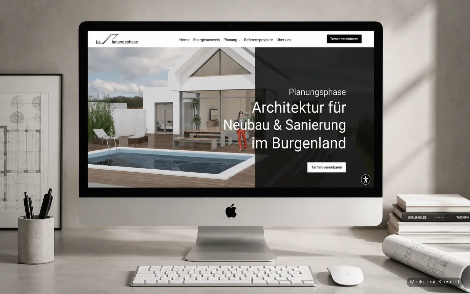 Startseite der JP Planungsphase GmbH mit dem Schwerpunkt Architektur für Neubau und Sanierung auf einem Desktop-Computer