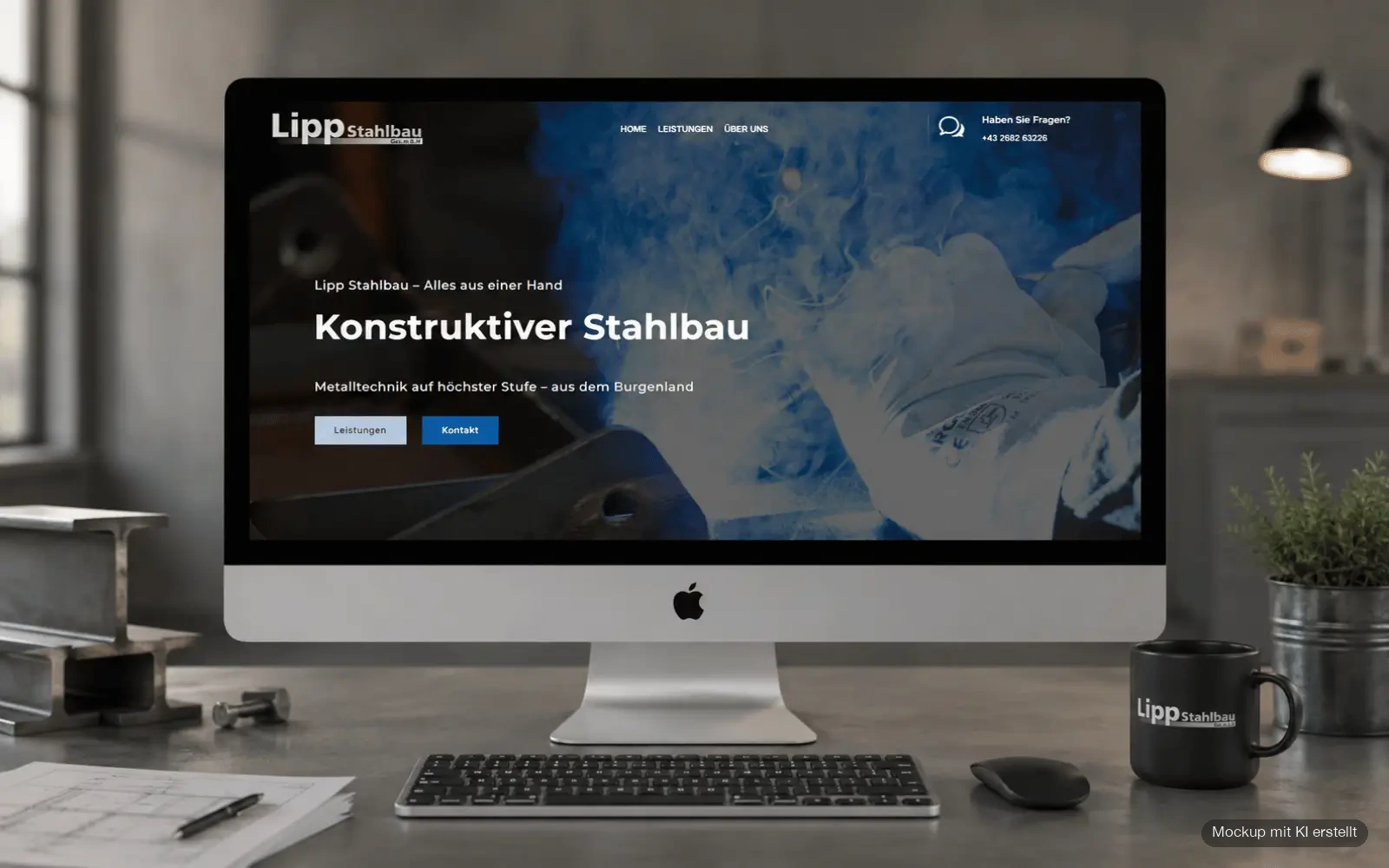 Startseite der Lipp-Stahlbau GmbH auf einem Desktop-Monitor in industrieller Umgebung