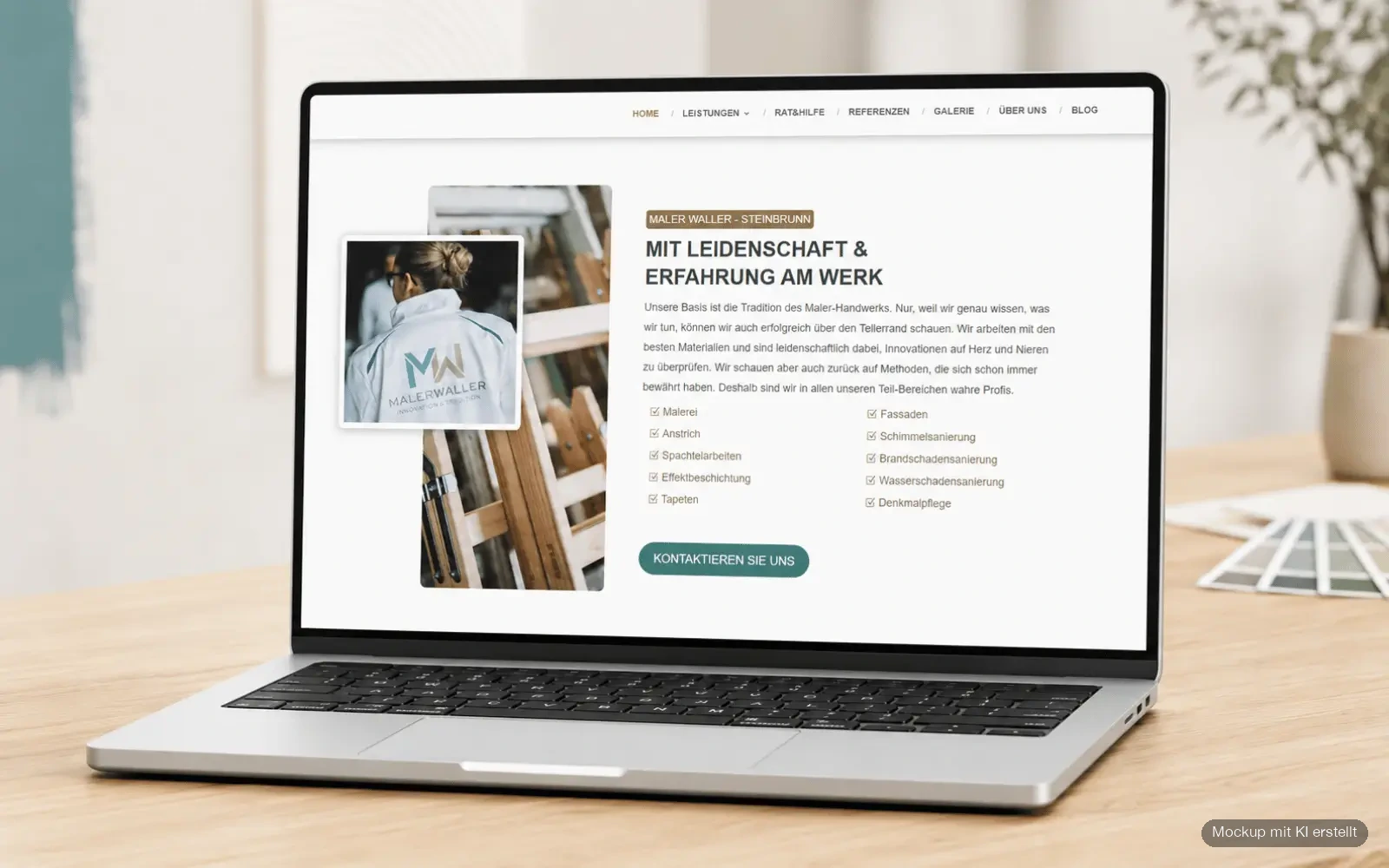 Laptop-Ansicht der Unternehmensvorstellung von Malerwaller mit Leistungen und authentischen Projektbildern
