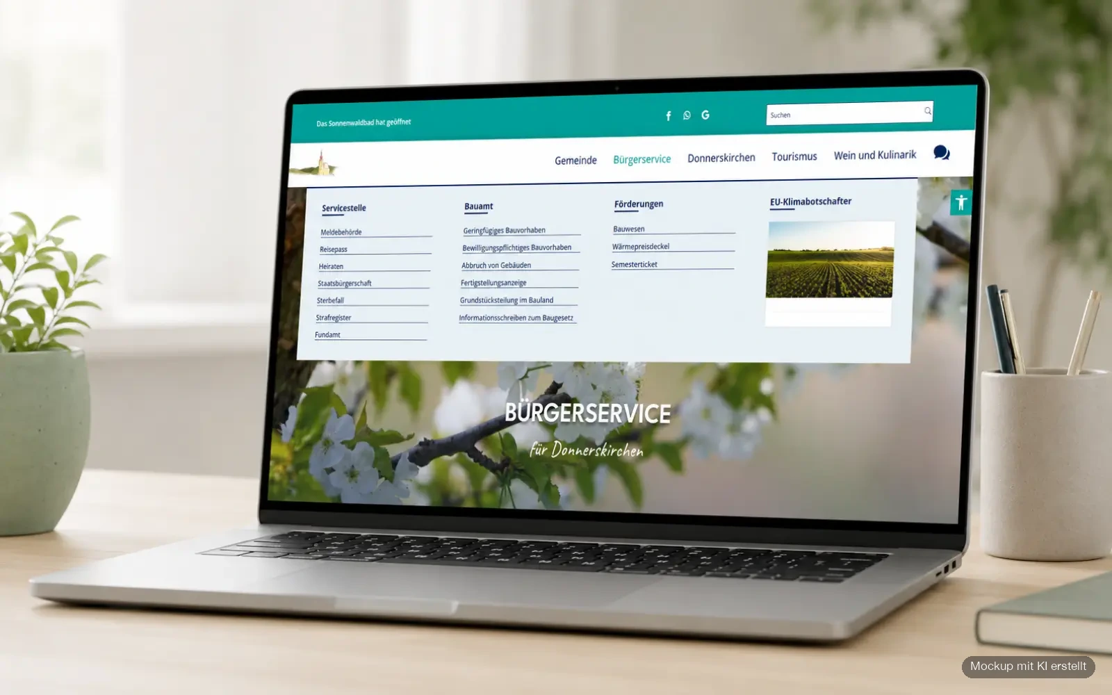 Bürgerservice-Unterseite der Marktgemeinde Donnerskirchen mit geöffnetem Navigationsmenü als Laptop-Mockup