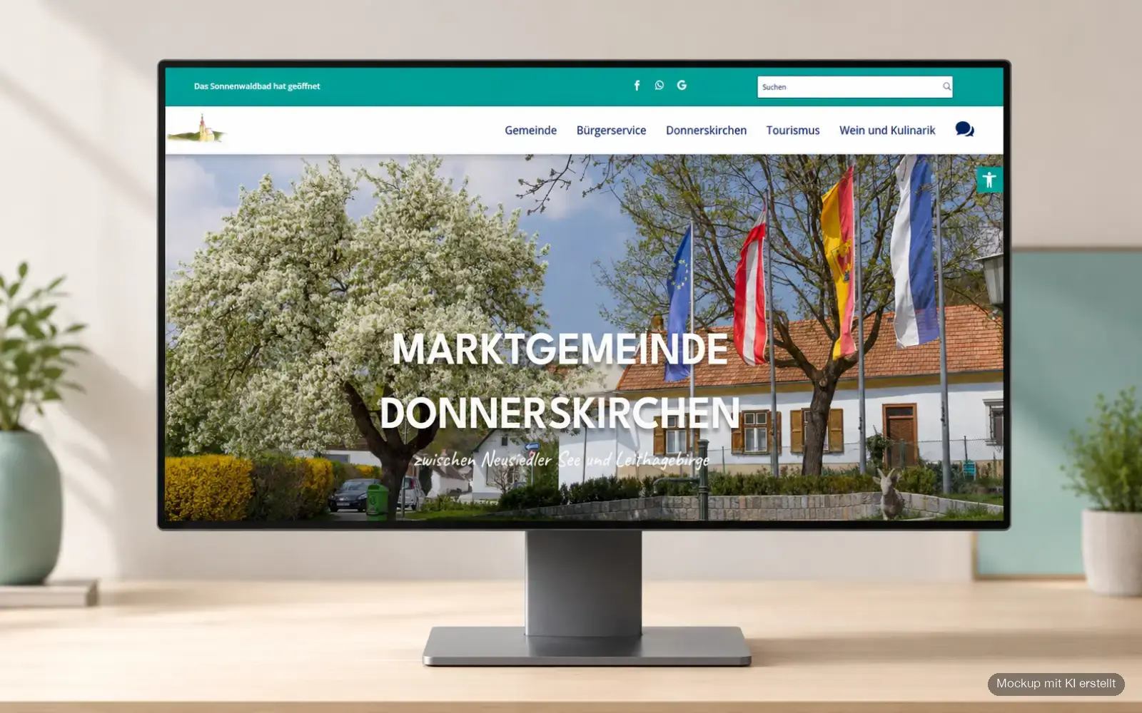 Startseite der Marktgemeinde Donnerskirchen als Desktop-Mockup auf einem Monitor