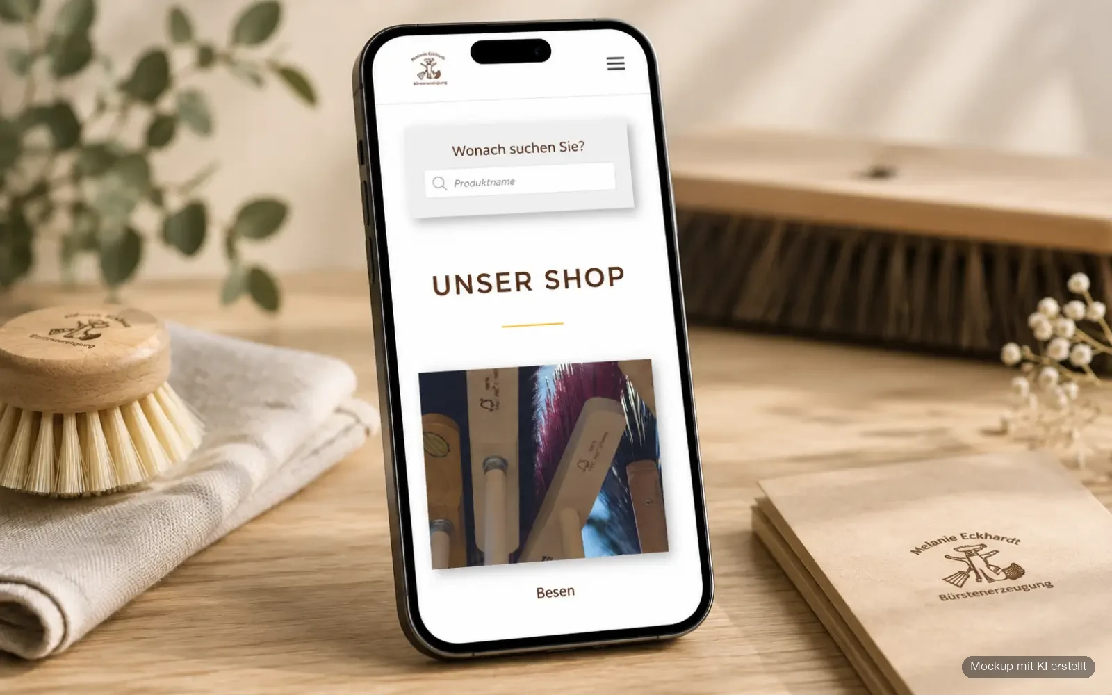 Mobile Shopübersicht der Bürstenerzeugung Melanie Eckhardt mit Produktsuche und Kategorie Besen als Smartphone-Mockup