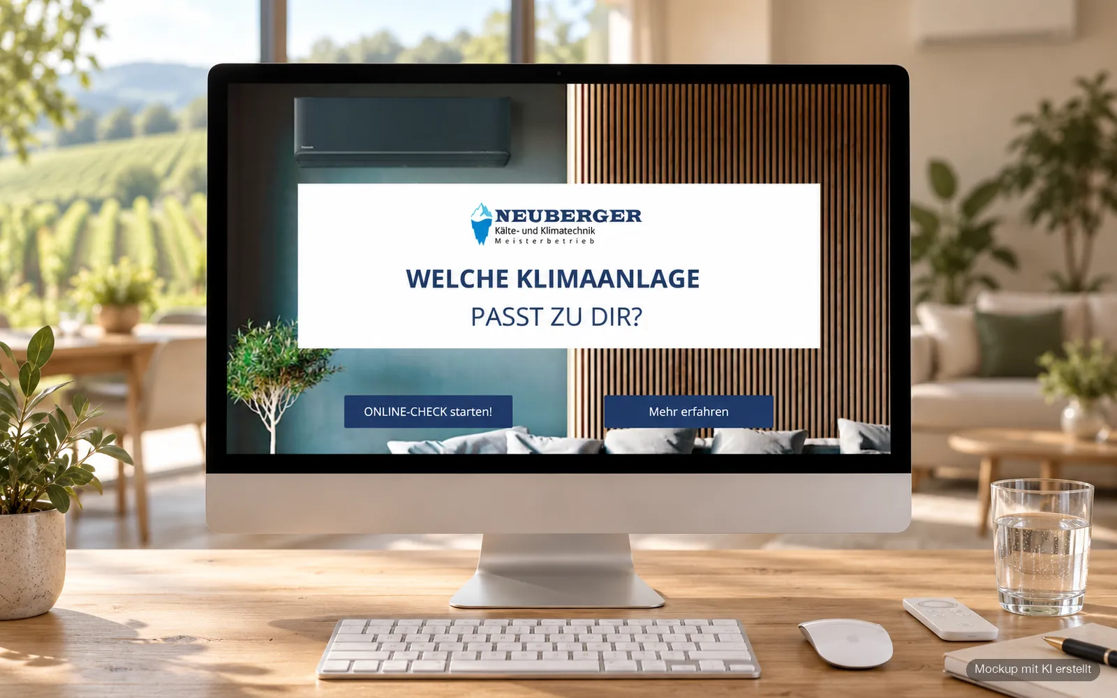 Landingpage mit dem Klimaanlagen-Online-Check von Neuberger auf einem Monitor