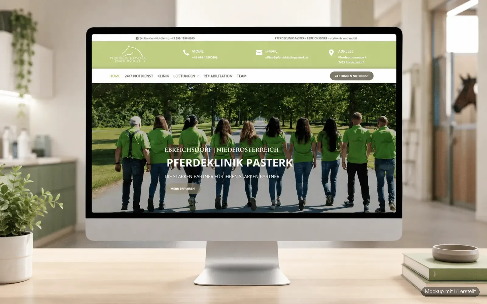 Desktop-Ansicht der Website der Pferdeklinik Pasterk mit Startbereich und Hinweis auf den 24-Stunden-Notdienst