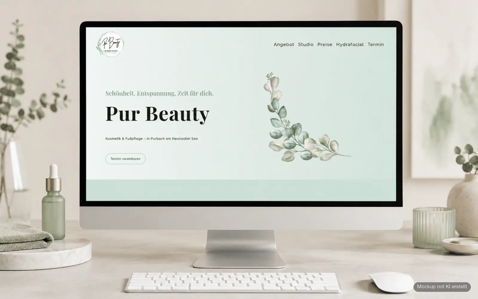 Startseite von Pur Beauty by Doris Hafner auf einem Desktop-Bildschirm in einer hellen Beauty-Umgebung