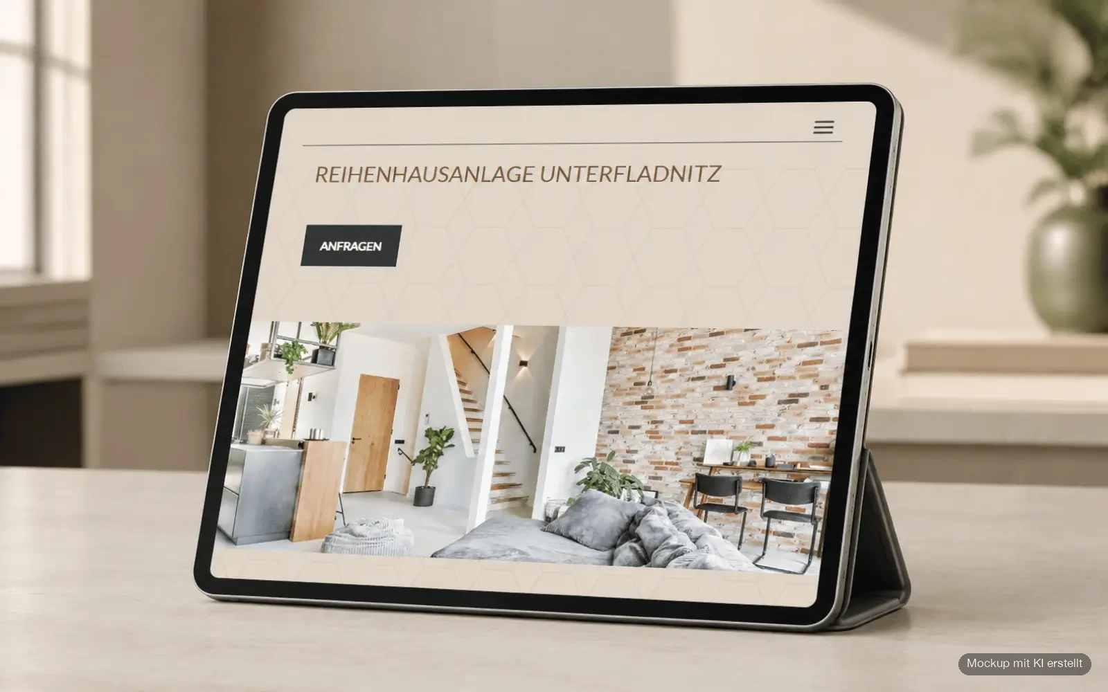 Tablet-Ansicht der Projektwebseite ZERT.home mit Hero-Bereich der Reihenhausanlage Unterfladnitz