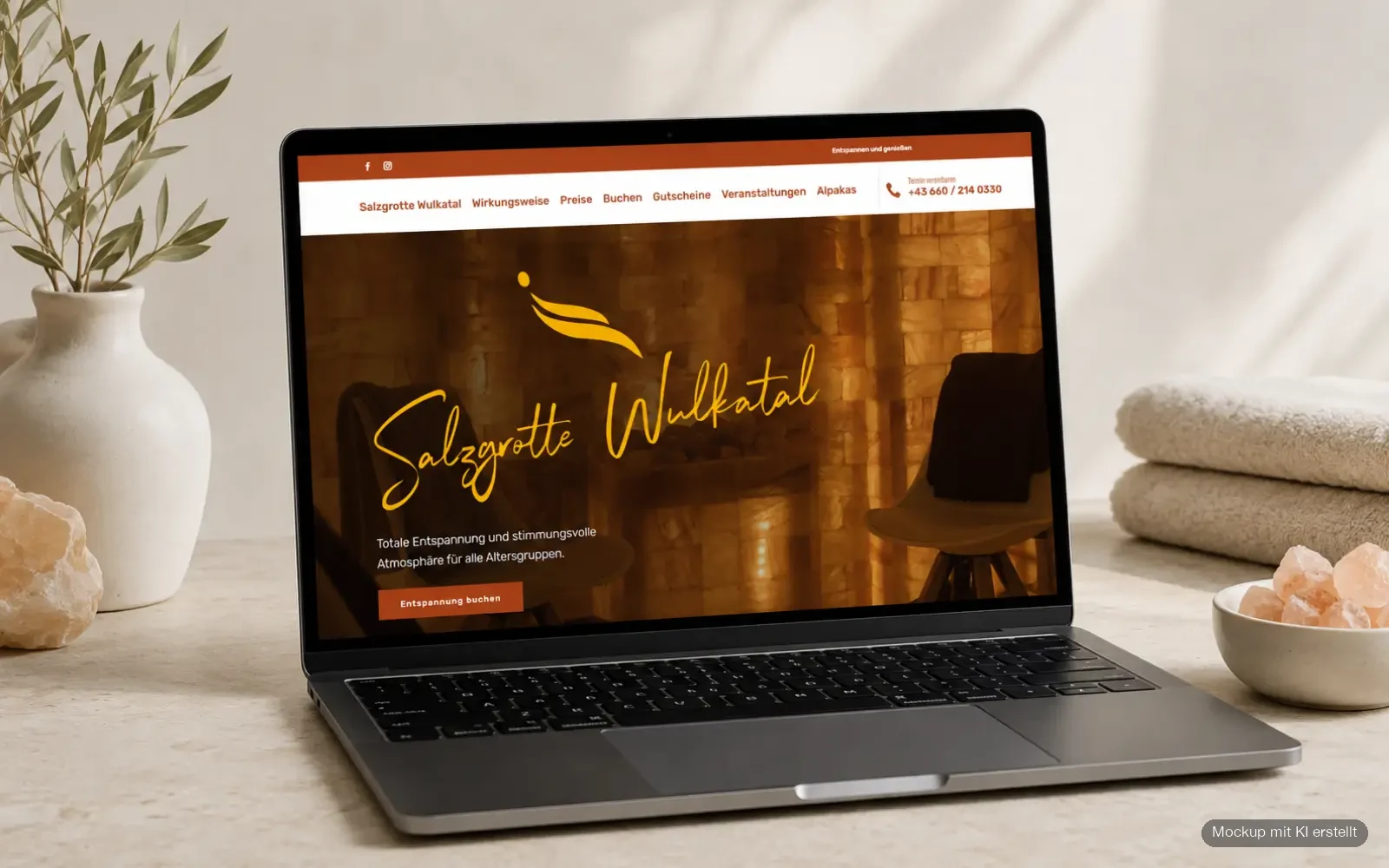 Website der Salzgrotte Wulkatal als Laptop-Mockup in einer ruhigen Wellness-Szene