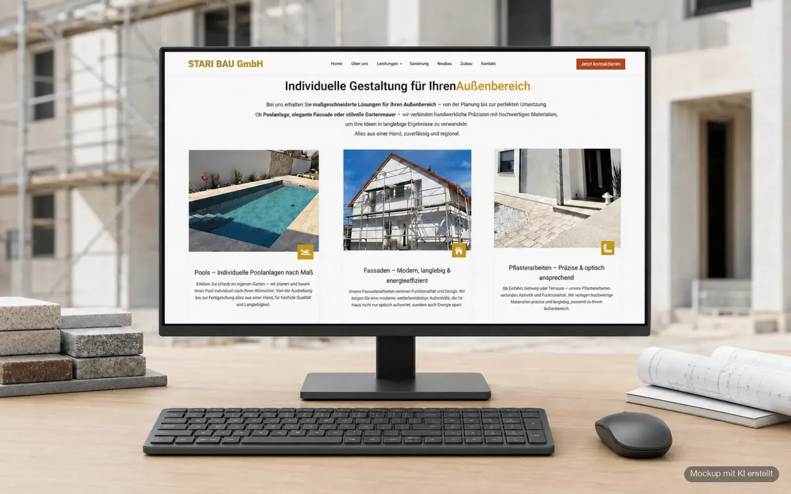Leistungsbereich der Website der Stari Bau GmbH mit Pools, Fassaden und Pflasterarbeiten als Desktop-Mockup