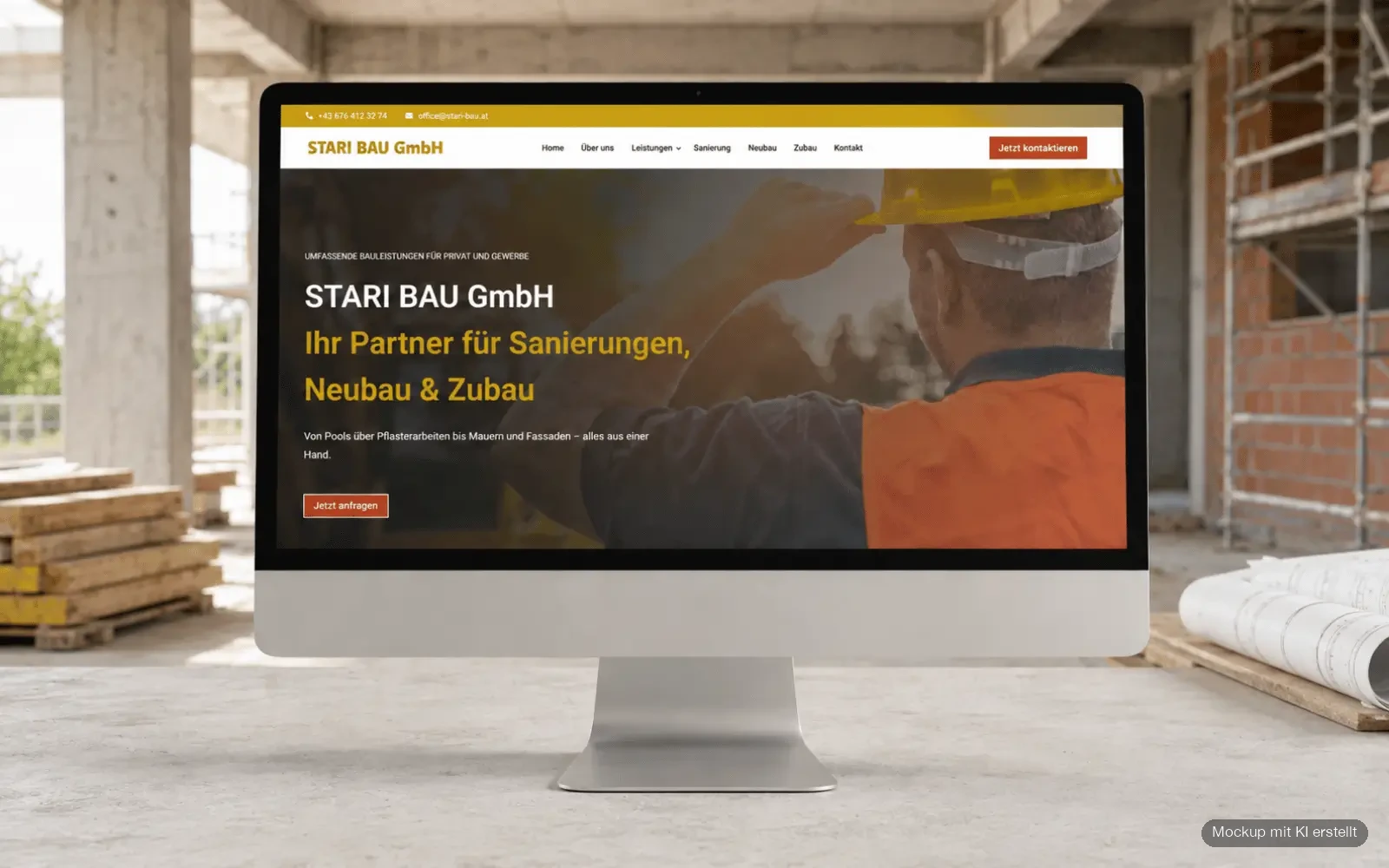 Startseite der Website der Stari Bau GmbH als Desktop-Mockup auf einer Baustelle