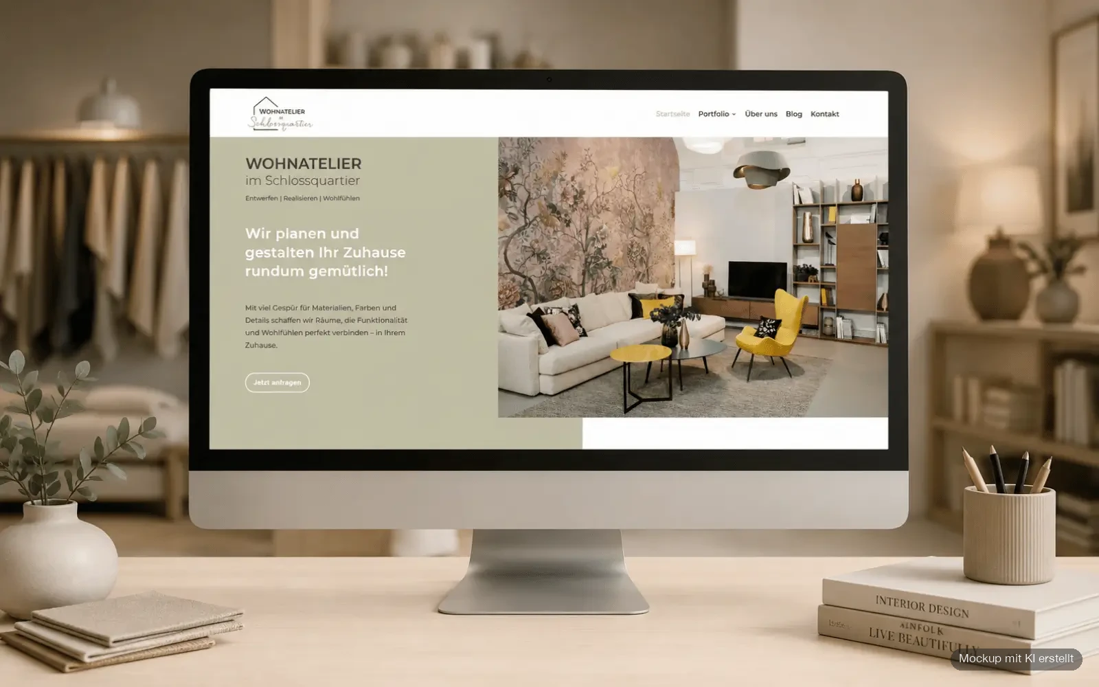 Desktop-Mockup der Startseite von Wohnatelier im Schlossquartier mit hochwertiger Inneneinrichtung