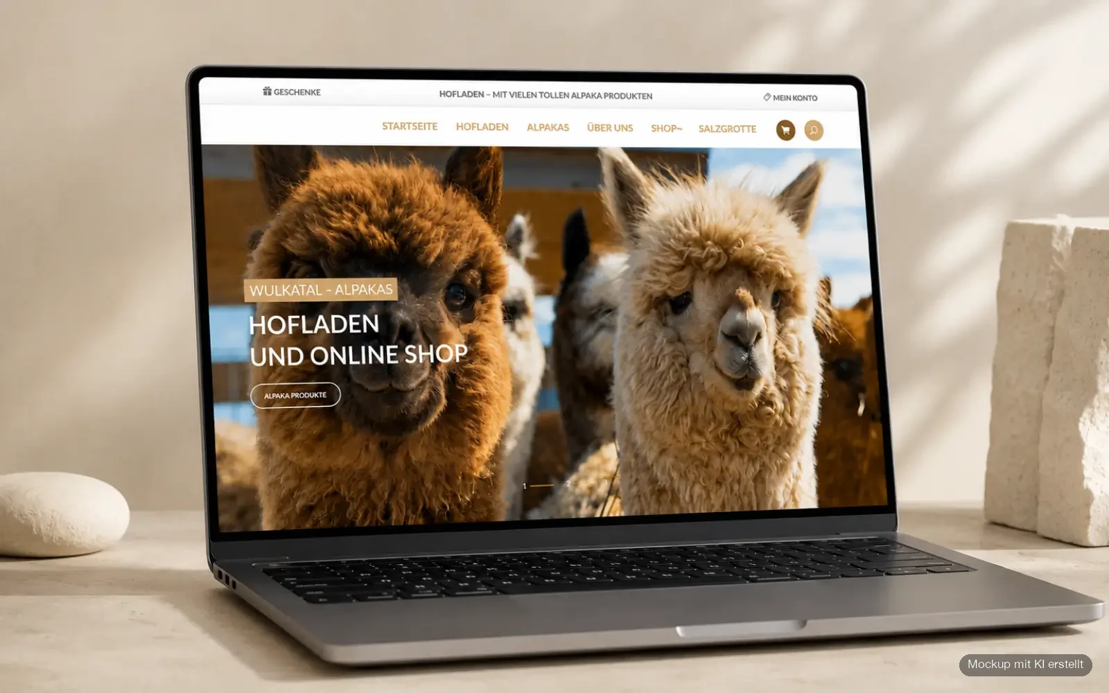 Startseite von Wulkatal Alpakas als Laptop-Mockup mit zwei Alpakas