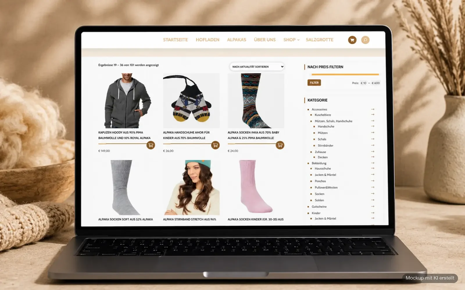 Shop-Kategorieseite von Wulkatal Alpakas mit Produktübersicht und Filterfunktionen auf einem Laptop