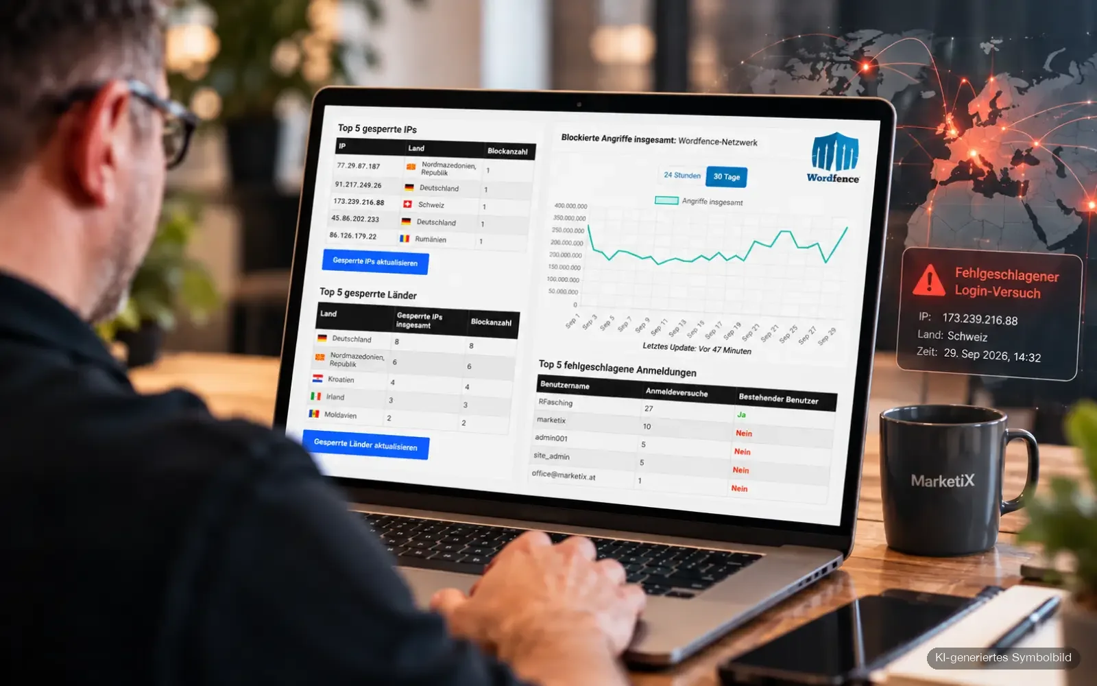 WordPress-Sicherheitsmonitoring mit blockierten Angriffen und fehlgeschlagenen Anmeldeversuchen