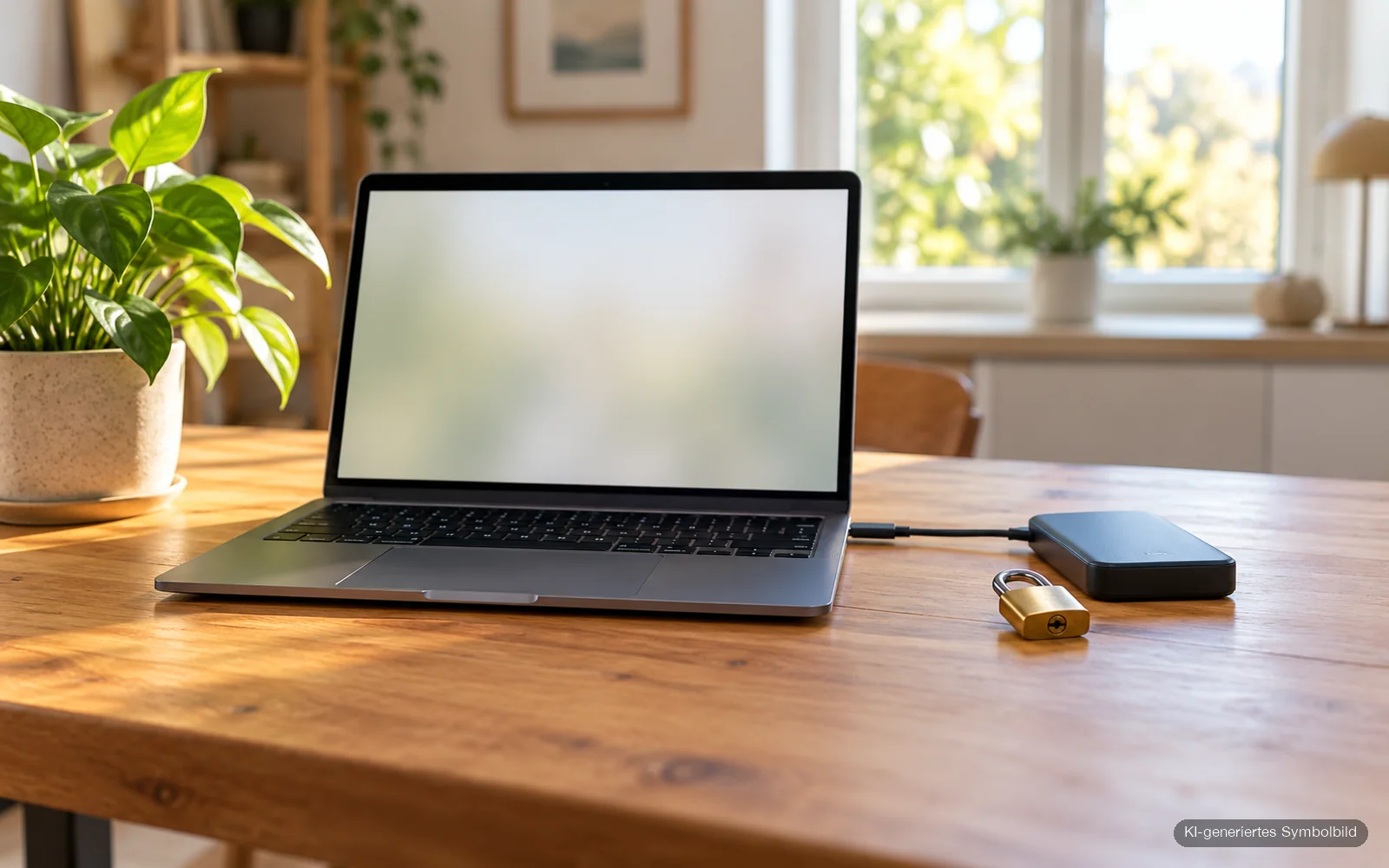 Aufgeklappter Laptop auf einem Holzschreibtisch, daneben eine externe Festplatte und ein geschlossenes Vorhängeschloss